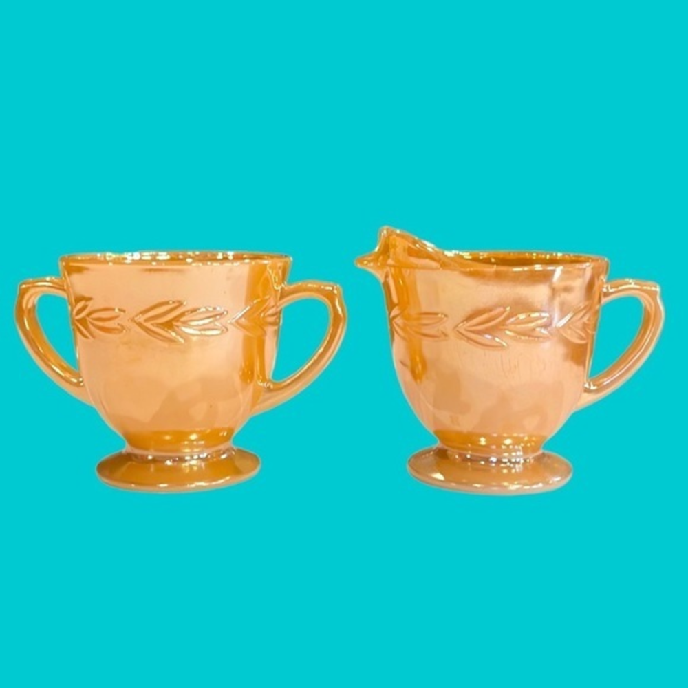 FIRE KING‎ 2 pc Set Vtg Creamer and Sugar Bowl Peach Luster Laurel Leaf 1950s